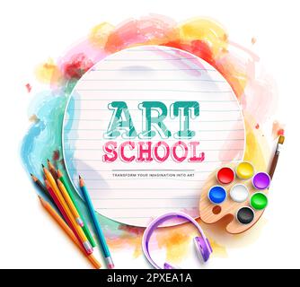 School art text vector template. Art school in empty paper space with coloring and drawing materials. Vector illustration back to school design. Stock Vector