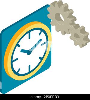 Timepiece icon isometric vector. Round wall mechanical clock and two gear icon. Time concept, interior element Stock Vector