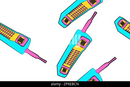 Texture, seamless pattern poster of old retro vintage multicolored antique analog hipster cellular mobile phone sliders with physical buttons and larg Stock Vector
