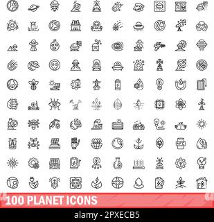100 planet icons set. Outline illustration of 100 planet icons vector set isolated on white background Stock Vector