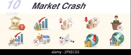 Market crash set. Creative icons: financial crisis, export ban, import ban, impeachment, logistic crisis, embargo, air traffic ban, economic default Stock Vector