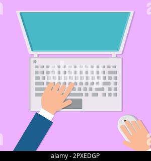 Vector illustration of a man working with his hands on a laptop computer with a mouse and keyboard on a pink background, top view, flat lay. Concept: Stock Vector