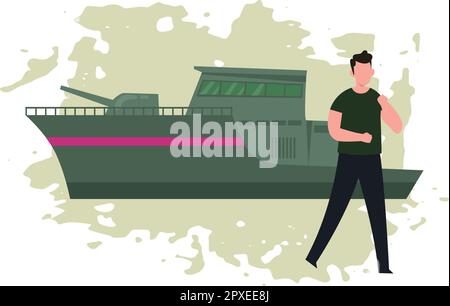 The boy is standing by the ship. Stock Vector