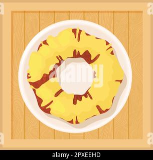 Lemon bundt icon isometric vector. Homemade lemon bundt cake on wooden table. Dessert, sweet food, top view Stock Vector