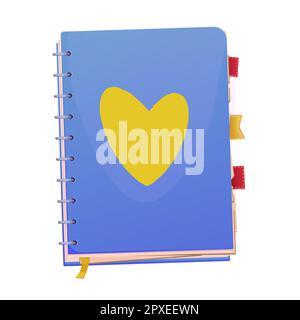 Notebook closed with spiral, marks top view with heart in blue and yellow colors in cartoon style isolated on white background. Office, school diary. Vector illustration Stock Vector