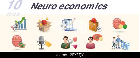 Neuroeconomics set. Creative icons: testing ads, product placement, design optimising, effective packaging, color psychology, habits psychology, audio Stock Vector