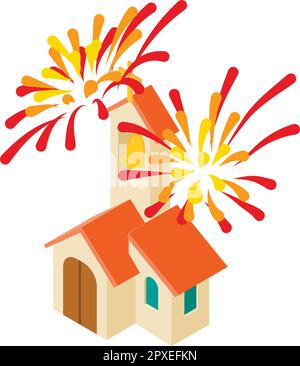 Religious holiday icon isometric vector. Church building, bell tower and firework. Celebration, holiday Stock Vector