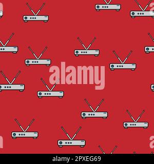 Seamless pattern, texture of modern powerful digital wireless white wi-fi routers, modems for the Internet, technology isolated on a red background. Stock Vector