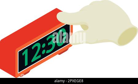 Digital clock icon isometric vector. Led digital alarm clock and human hand icon. Electronic device, time concept Stock Vector