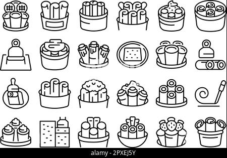 Stir fried ice cream icons set outline vector. Thai roll. Food taco Stock Vector