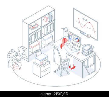 Office staff room - modern line design style isometric illustration Stock Vector