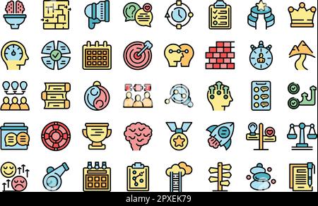 Life coach icons set outline vector. Problem solving. Life activity thin line color on white Stock Vector