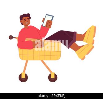 Happy man in shopping trolley holding phone semi flat colorful vector character Stock Vector