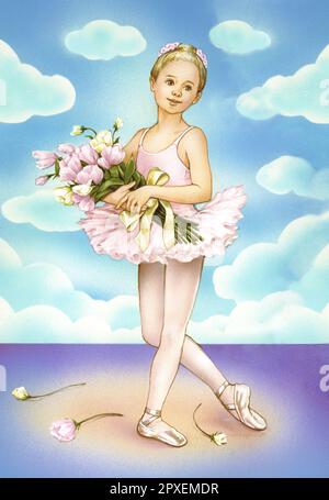 BALLET-Young Ballerina with bouquet on stage Stock Photo