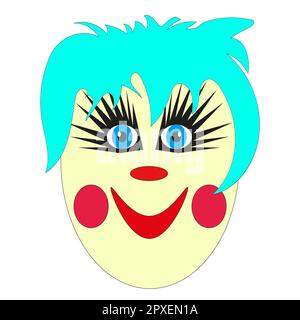 A sweet, slightly frightening face of a clown with blue hair and a red nose on a white background. Vector illustration. Stock Vector
