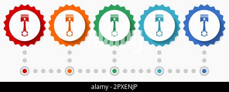 Piston vector icon set, colorful infographic template, set of flat design badge icons in 5 color options Stock Vector