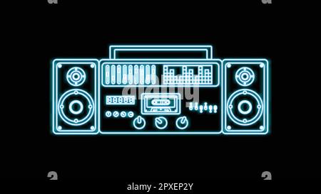 Blue neon music cassette audio tape recorder old retro hipster vintage from 70s, 80s, 90s on black background. Vector illustration. Stock Vector