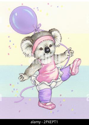 Juvenile-Koala in tutu dancing with balloon Stock Photo