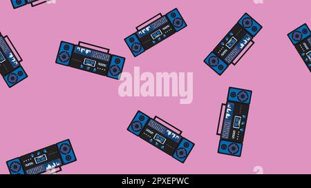 Seamless pattern endless with music audio cassette old retro tape recorders vintage hipster from 70s, 80s, 90s isolated on purple background. Vector i Stock Vector
