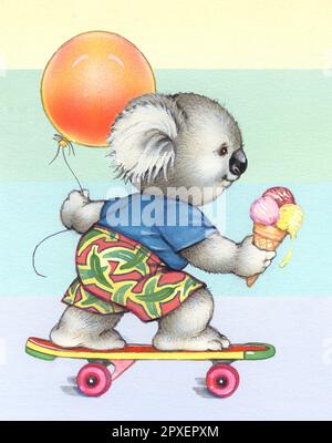 Juvenile-Koala on skateboard with balloon & icecream Stock Photo