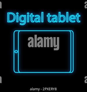 Bright luminous blue digital neon sign for shop or workshop service center beautiful shiny with a modern tablet on a black background. Vector illustra Stock Vector