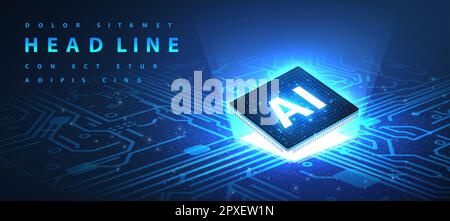 AI technology. Chip with AI latters and circuit board. Artificial intelligence Stock Vector