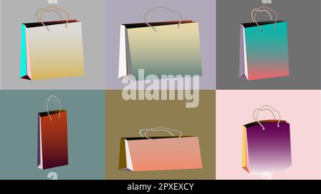 A set of six multi-colored gradient realistic bulk paper bags for purchases of different shapes and sizes with rope handles on multi-colored backgroun Stock Vector