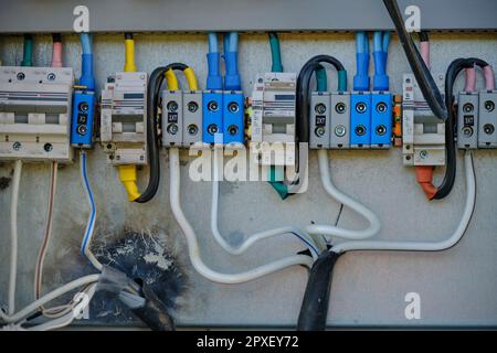 Electric switches with wires electrical panel Stock Photo