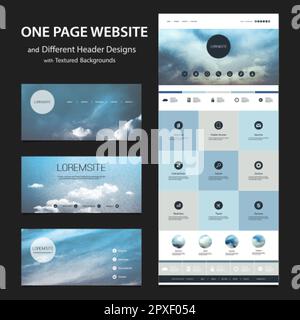 One Page Website Template and Different Header Designs with Blurred Backgrounds Stock Vector