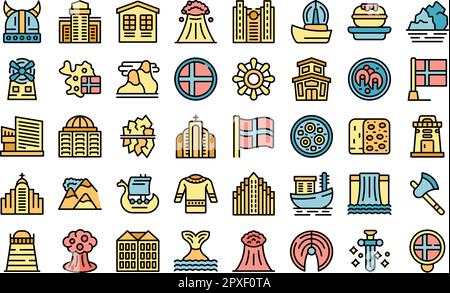 Iceland icons set outline vector. North island. Polar tourist thin line color on white Stock Vector