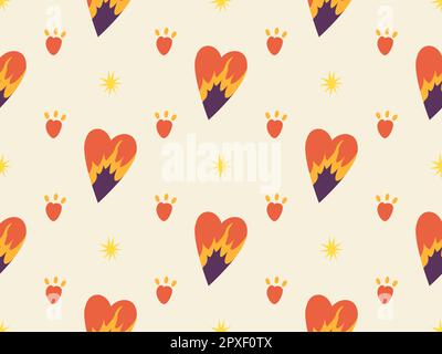 Retro seamless pattern with heart. Groovy elements. 70s hippie wallpaper, psychedelic style. Cartoon funky design. Vintage hippy style.  Stock Vector
