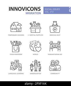 Migration and humanitarian aid - line design style icons set Stock Vector
