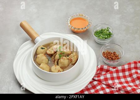 Cilok Kuah Bakso or Tapioca Balls with Beef Broth. Served  with Chilli Chopped Inside Stock Photo