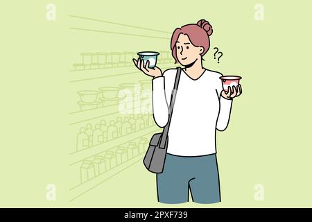 Young woman grocery shopping in supermarket choosing yoghurt. Confused female client make choice between dairy products in shop. Vector illustration. Stock Photo