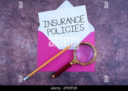 Sign displaying Insurance Policies, Business approach Documented Standard Form Contract Financial Reimbursement Stock Photo