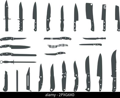 Meat cutting knives set. Kitchen metal knife isolated vector
