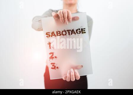 Text caption presenting Sabotage, Business showcase destruction of an employer's tools and materials by workers Stock Photo