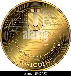 Unicoin cryptocurrency fantasy gold token, vector illustration Stock Vector