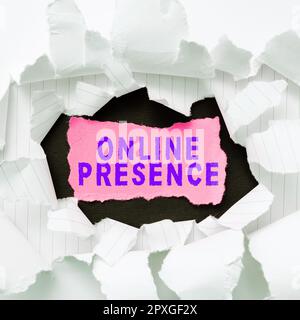 Conceptual caption Online Presence, Word for existence of someone that can be found via an online search Stock Photo