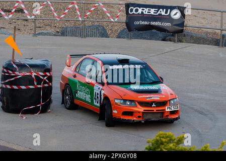 Andrew Pawley racing a Mitsubishi Lancer Evolution 9 competing in the Corbeau Seats rally on the seafront at Clacton, Essex, UK. Co driver Tim Sturla Stock Photo