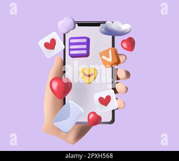 Innovative 3D concept for a virtual social networking platform. A hand grasps a smartphone displaying various interactive icons, emojis, comments, hearts, cloud.Concept communication applications. Stock Vector
