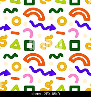 Seamless colorful pattern with squiggles and abstract geometric shapes in the style of 80-90s. Minimalistic background of colorful squiggles and shape Stock Vector