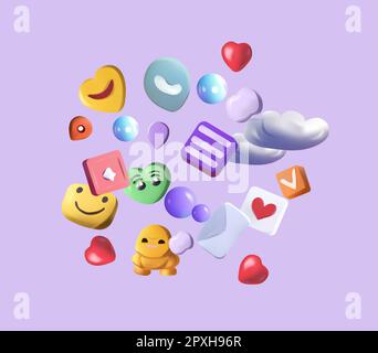 Innovative 3D concept for a virtual social networking platform. Emojis, comments, hearts, thumbs up and play buttons. Concept communication applications. Vector. Stock Vector