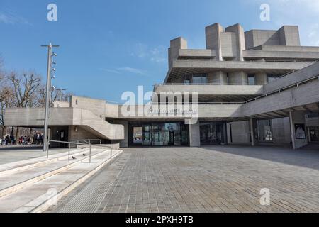 National theatre brutalist style building by Denys Lasdun in the South Bank Complex opened in 1976. London. Stock Photo