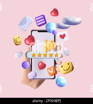 Innovative 3D concept for a virtual social networking platform. A hand grasps a smartphone displaying various interactive icons, emojis, comments, hearts, thumbs up.Concept communication applications Stock Vector