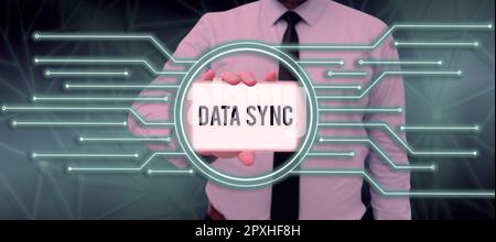 Conceptual display Data Sync, Conceptual photo data that is continuously generated by different sources Stock Photo