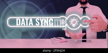 Conceptual display Data Sync, Internet Concept data that is continuously generated by different sources Stock Photo