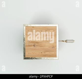 A shut ornate antique open jack-in-the-box mad of wood and gold trimmings on an isolated white studio background - 3D render Stock Photo