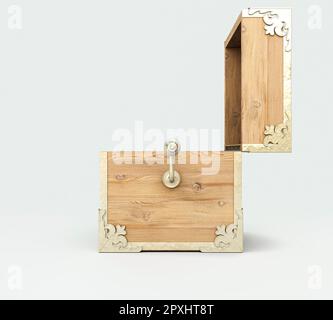 An open empty ornate antique open jack-in-the-box mad of wood and gold trimmings on an isolated white studio background - 3D render Stock Photo