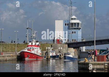 Boats at the Hvide Sande canal in the Holmsland Klit by North Sea in Midtjylland region, Jutland, Denmark. Stock Photo